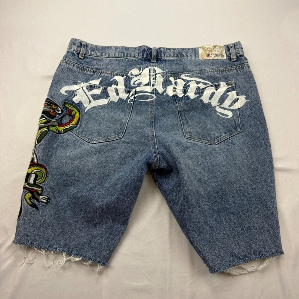 Ed Hardy Jean Shorts Mens 38 Blue Embroidered Dragon Logo Raw Hem MEHD8003-2